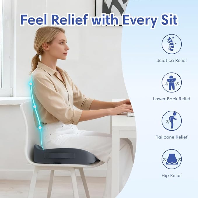 Large Memory Foam Seat Cushion for Office Chair, Car, Truck & Wheelchair - Sciatica Ease, Coccyx & Tailbone Pain Relief Cushion for Long Sitting & Driving
