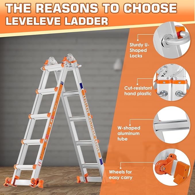 LEVELEVE Telescoping A Frame Ladder, 22FT Multi Position Ladder with Stabilizer Bar & Wheels,330 lbs Security Load for Stairs Home Indoor Outdoor Roof