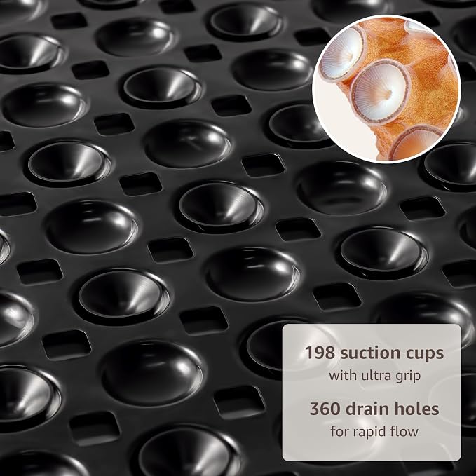 OTHWAY Bath Tub Shower Mat Non Slip, Bathtub Floor Liner Mats for Inside Shower Bathroom, Suction Cups and Drain Holes for Feet Scrubbing, Machine Washable, Soft on Feet, 35x16 Inch, Black