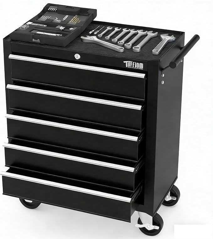 TUFFIOM 5-Drawer Rolling Tool Chest w/Drawers & Lock, Tool Storage Cabinet with Lockable Wheels, Top Cushion & Drawer Liners, Tool Organizer Box for Garage, Warehouse & Repair Sho