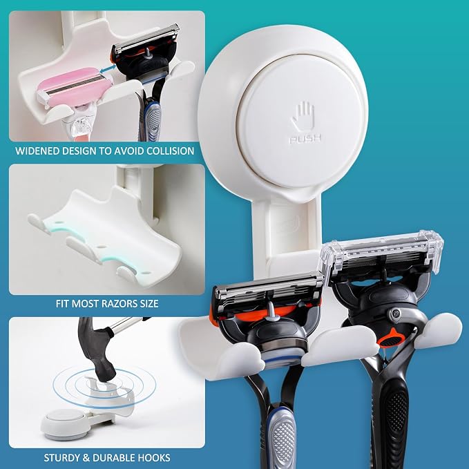 TAILI Suction Cup Razor Holder in Shower 2 Pack, Towel, Loofah, Shaver Holder for Bathroom Wall, Powerful Suction Cup Shower Hooks, Easy to Install and Reuse, White