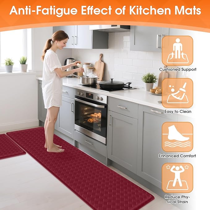 TranquilRelax 2-Piece Anti-Fatigue Kitchen Mats, Cushioned Non-Slip Waterproof Sink & Stove Floor Mats, Comfortable Standing Rug Set for Kitchen, Laundry & Entryway, Red