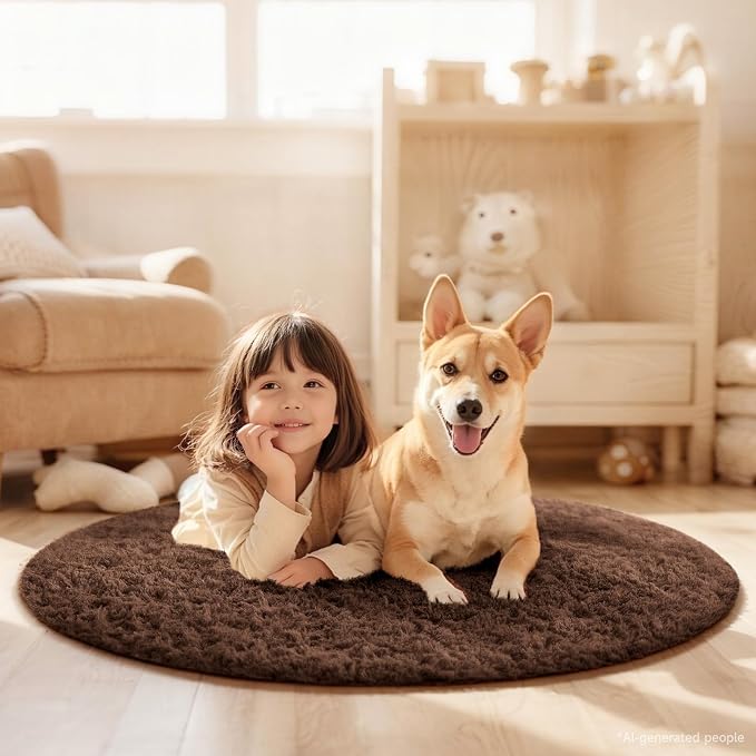 Ophanie Round Rug 4Ft Brown Circle Area Rug, Fluffy Fuzzy Small Bedroom Carpet, Plush Soft Shaggy Floor Living Room Circular Christmas Decor for Kids Boys Girls Home Aesthetic, Nursery, Classroom