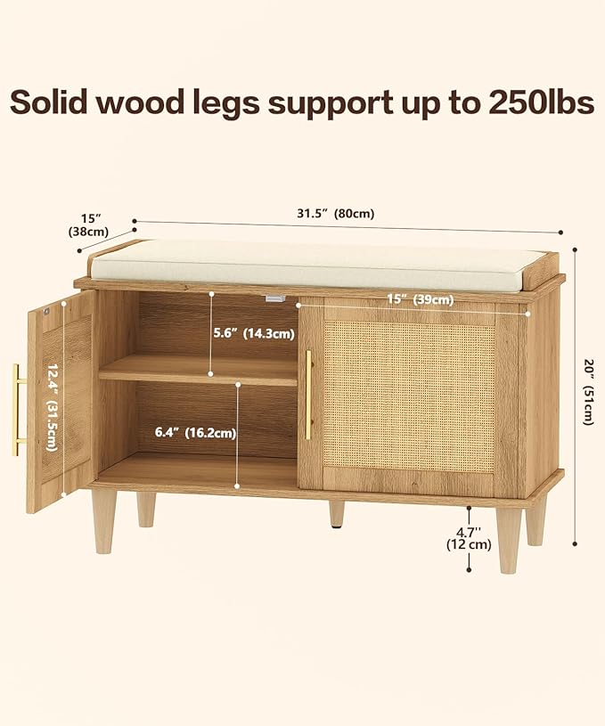 Akxomel Rattan Shoe Storage Bench with Cushion, 2-Tier Entryway Bench with Adjustable Shelves and 2 Doors, 15" D x 31.5" W x 20" H, Solid Wood Legs, for Hallway, Living Room, Bedroom, Natural Oak