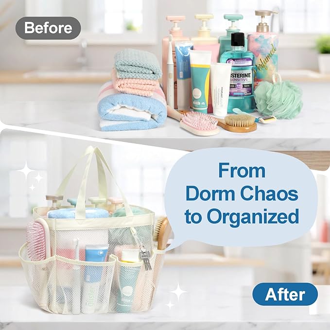 F-color Mesh Shower Caddy Portable, Upgrade Deeper 7 Pockets Shower Bag Basket Tote for College Dorm Room Toiletry Bathroom Essentials Gym Camp Quick Dry 2 handles with S Hook, Butter White