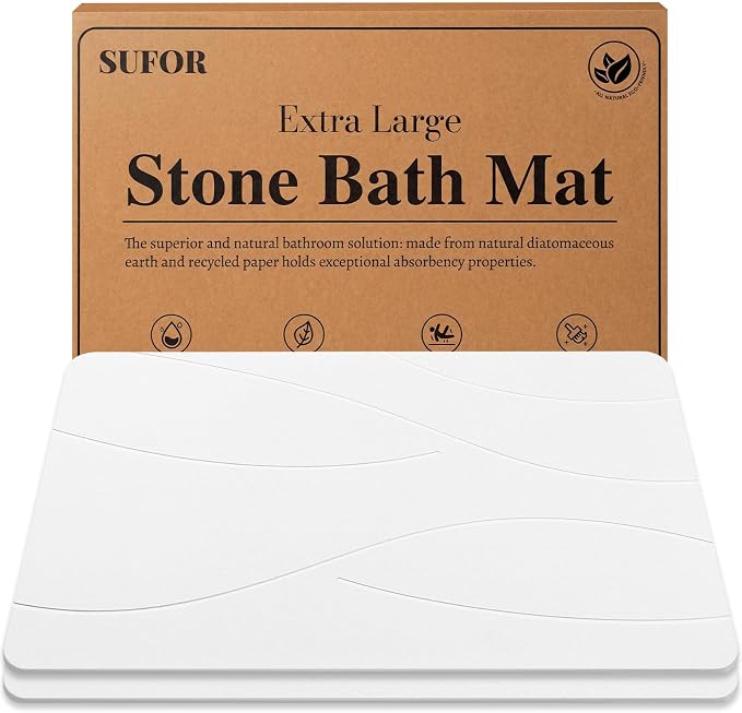 32"x20" Stone Bath Mat 2Pack, Diatomaceous Earth Shower Mat, Non-Slip Super Absorbent Quick Drying Bathroom Floor Mat, Natural, Easy to Clean (Milky White)