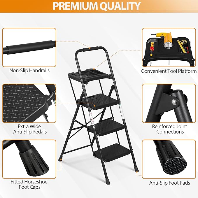 ZENY 3 Step Ladder, Folding Step Stool for Adults, Portable Steel Ladder with Tool Platform, Wide Anti-Slip Pedal, Safety Locking, Lightweight (Black)