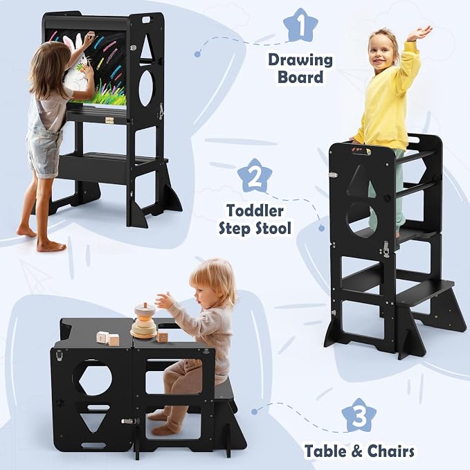 Woodure 4 in-1 Toddler Kitchen Step Stool, Foldable Learning Standing Tower with Blackboard, Wooden Kitchen Stool Helper for Kids, 1-3 Year Old Boy Girl Gifts - Black