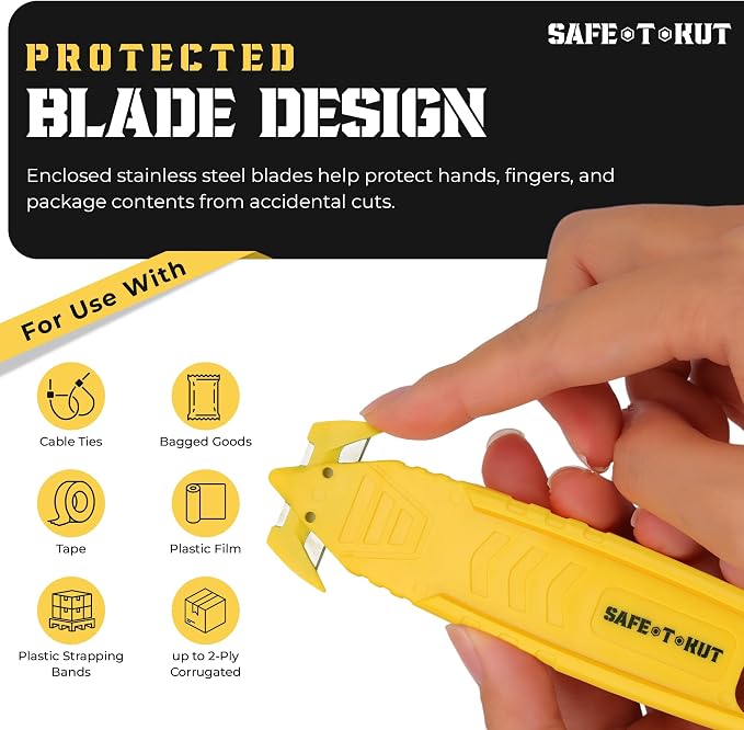 Safe•T•Kut Safety Box Cutter 20 Pack – Enclosed Blade Safe Utility Knife for Opening Boxes, Packaging, Plastic Wrap, Tape & Zip Ties