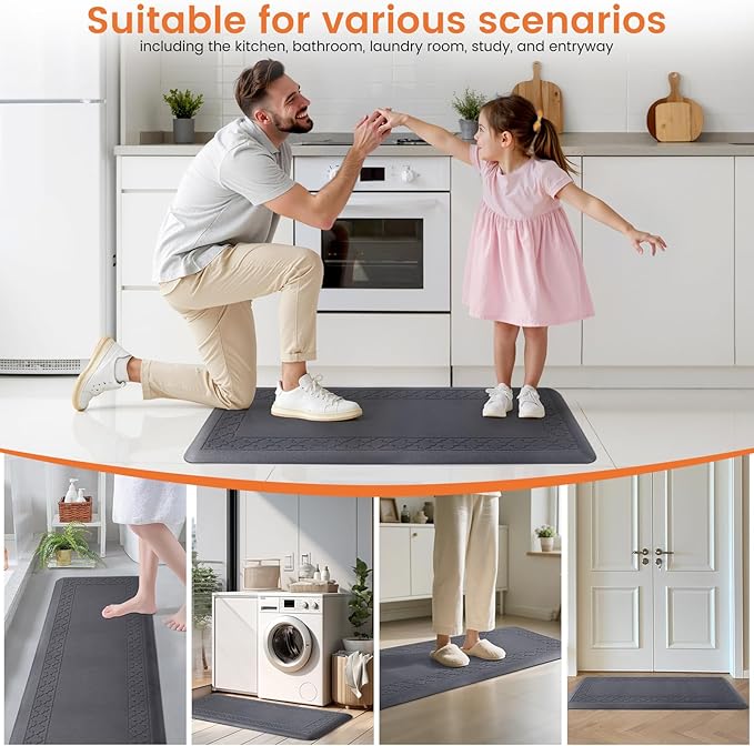4/5 Inch Thicker Kitchen Mats for Floor Non-Slip Anti Fatigue Comfort Mat Waterproof Kitchen Rug for Sink, Office,Home Stain Resistant Standing Desk Rugs-17.3"x 47", Grey