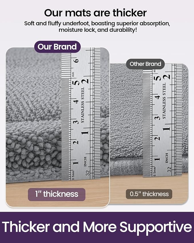 DEXI Memory Foam Bath Mat 32x20, Soft Absorbent Chenille Bathroom Rug, Non Slip Quick Dry Bath Mats for Bathroom, Thick Plush Floor Carpet for Tub Shower, Sink, Light Grey