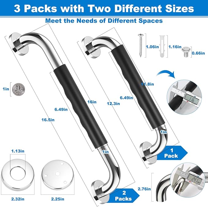 3 Pack Grab Bars for Bathtubs and Showers, 16-Inch and 12-Inch Anti-Slip Bathroom Shower Grab Bars for Seniors Wall, Safety Handicap Grab Bars Stainless Steel,Shower Handle for Elderly