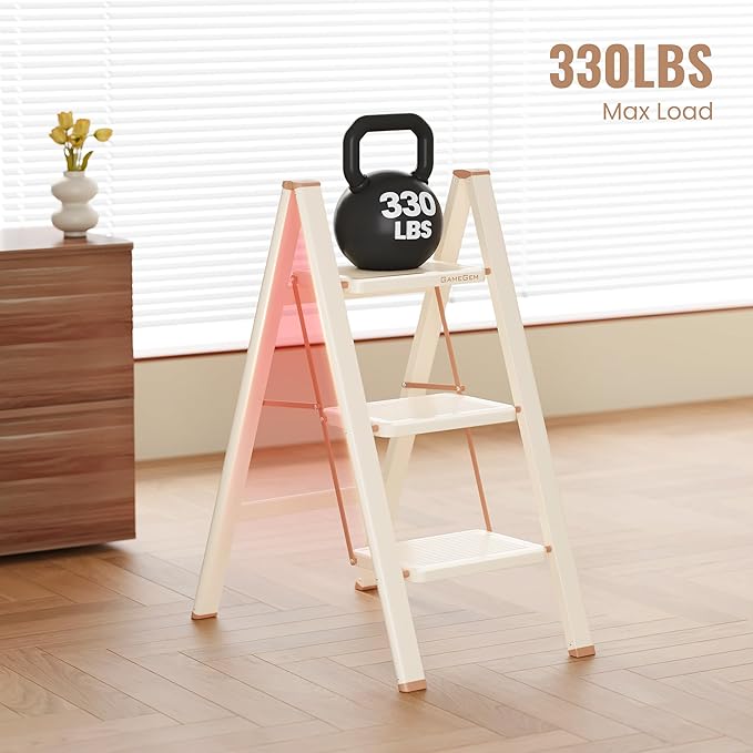 3 Step Ladder, 3 Step Stool for Adults, Folding Step Ladder with Secure Footing, Widened Pedal, Aesthetically Pleasing Looking, Blends Right into Domestic Rooms, Cream Chocolate