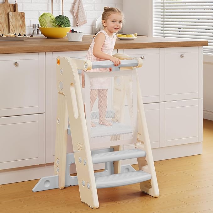 Onasti Foldable Toddler Tower Kitchen Stool Helper, Adjustable Height Learning Standing Tower with Safety Rail, Anti-Slip Steps, Kids Step Stool for Kitchen Counter and Bathroom Sink-Grey