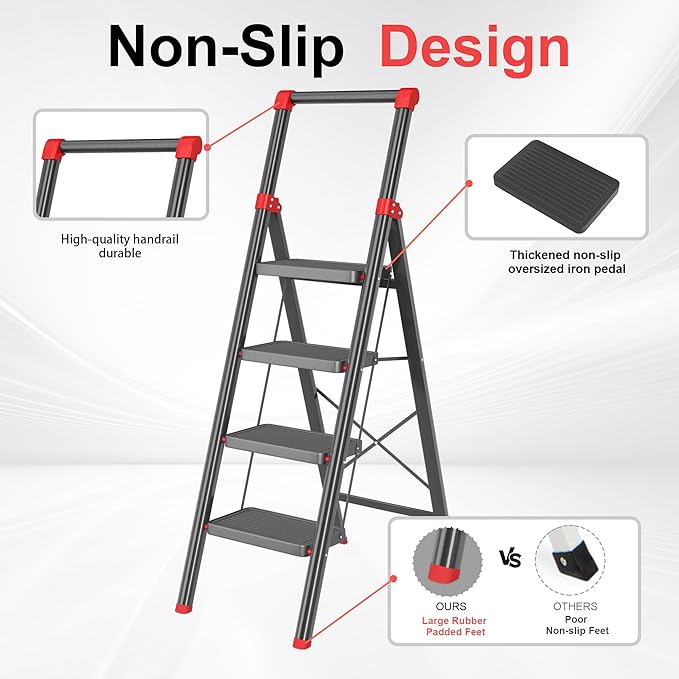 Foldable Step Ladder Stool for Home,4 Step Stool with Wide Anti-Slip Pedal, Heavy Duty 600Lbs Ladder for Indoor Kitchen Closet Stair Use,Black Red