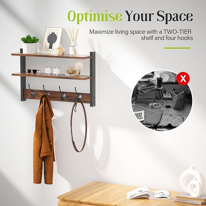 Two-Tier Wall Shelf with Hooks, 17" Coat Rack Wall Mount with Shelf, Key Hooks for Wall with Heavy Duty Double Hooks, Coat Hook Wall Mounted for Bedroom, Living Room, Rustic Brown
