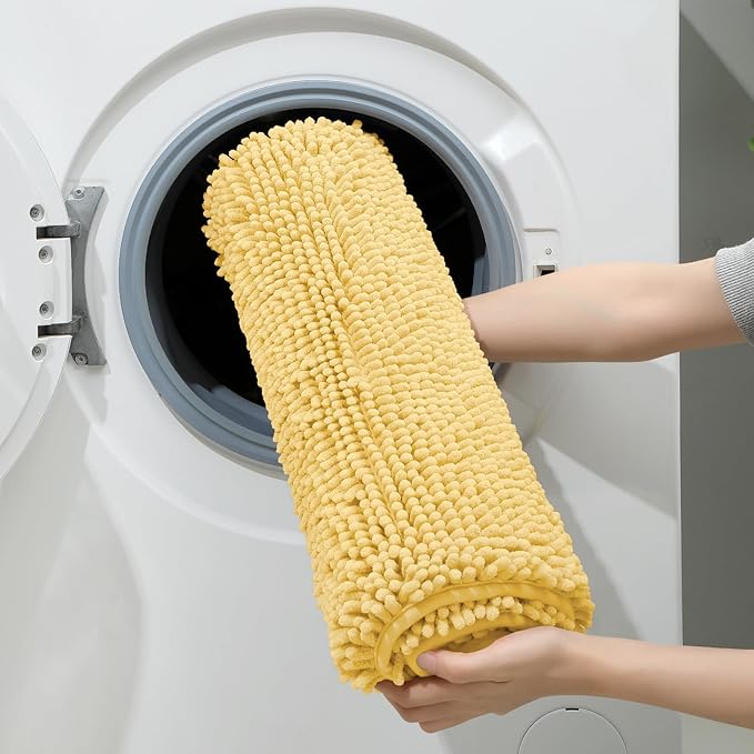 HOMEIDEAS 3 Pieces Bathroom Rugs, Ultra Soft Non Slip Absorbent Chenille Toilet Bath Mat Set (Yellow)