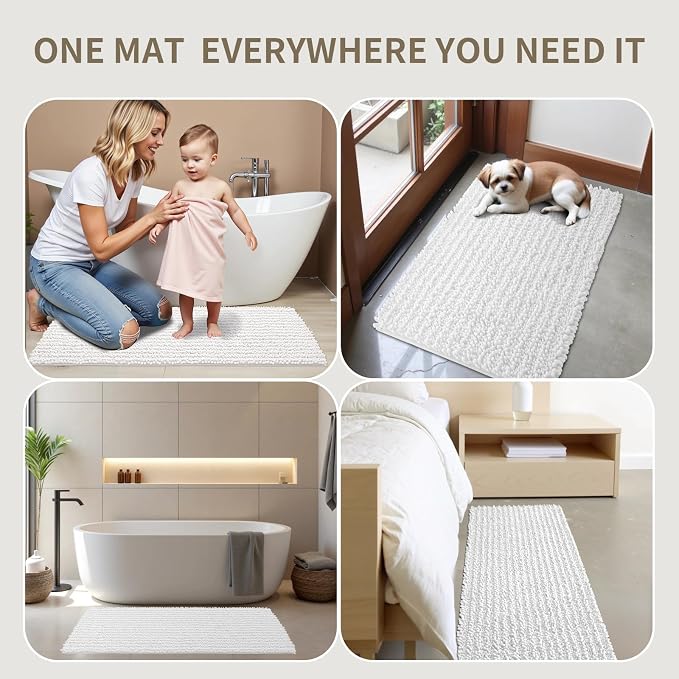 Bathroom Rugs Non Slip Washable 36x24, Extra Thick Soft Chenille Absorbent Bath Mat, High Density Barrier Non Slip Backing, Quick Dry Plush Shaggy Floor Carpet for Tub&Shower, White