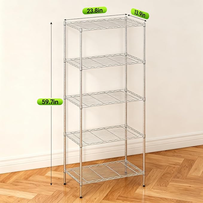 BestOffice | 5-Tier Wire Storage Shelves | 14 x 24 x 60 | Chrome | with Adjustable Racks | Metal Shelf, Holds Upto 500 lbs | No-Tool Assembly | Ideal for Home & Garage Shelving