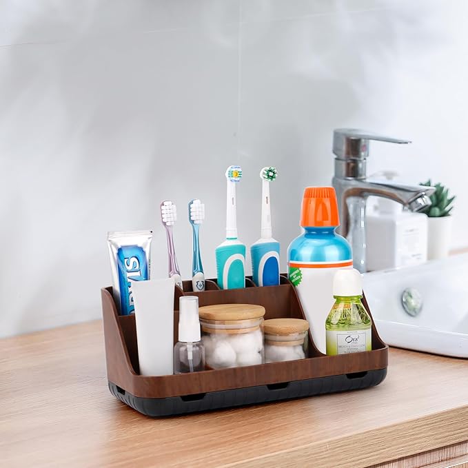 GFWARE Wood Toothbrush Holders for Bathrooms Countertop Organizer - Detachable 7 Slots Kid Bathroom Decor and Accessories, Wooden Bathroom Sink Storage Organization, Caddy, Tray, Brown