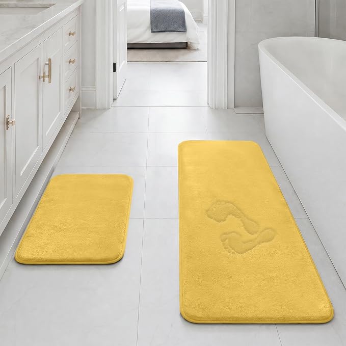 HUXMEYSON Bathroom Rugs Sets 2 Piece, Non-Slip & Quick Dry Bath Mat Set, Ultra Soft Velvet Bath Rugs for Bathroom, Toilet and Shower Floor, Yellow
