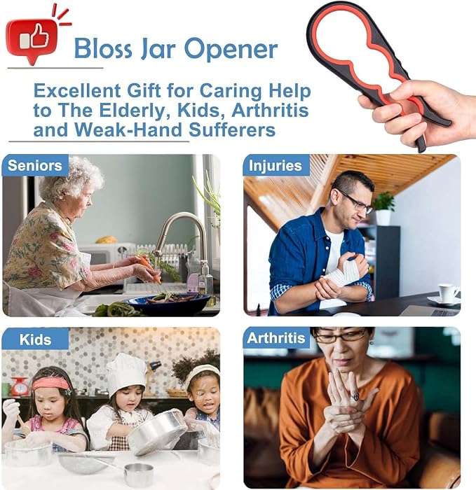 Bloss Anti-skid Jar Opener Can Opener Kitchen Grippers,4 in 1 Multi Function Bottle Opener Lid Opener for Seniors with Arthritis, Caps and Bottles Kitchen Gadgets For Small Hands or Seniors,Black Red