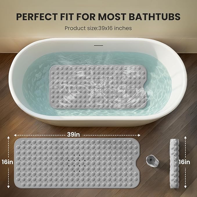 Non-Slip Bath Tub Mat, 39x16 Inch Extra Large Shower Mat with Drain Holes & Suction Cups, Machine Washable, Clear