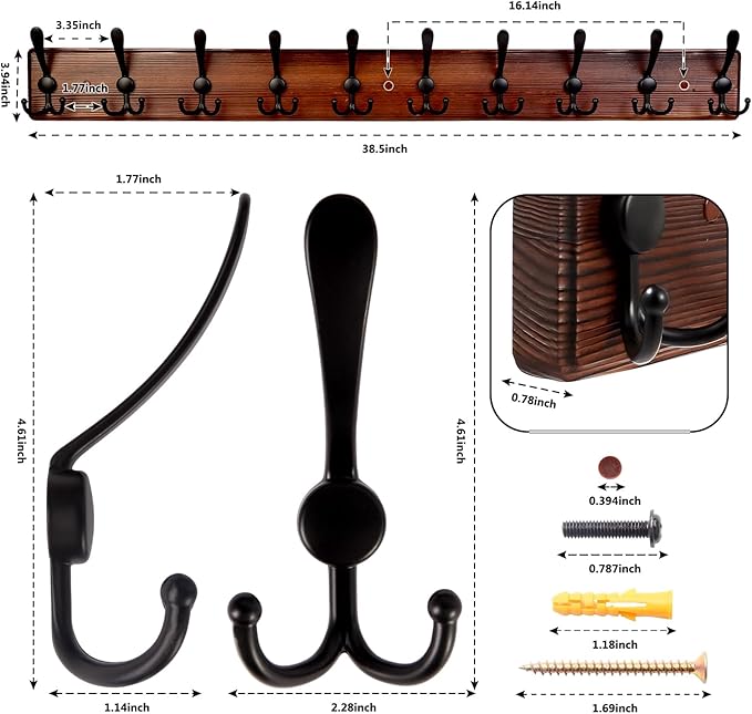 Kuhome 38.6'' Large Coat Rack Wall Mount Coat Hooks Coat Hanger with 10 Metal Black Triple- Hooks Brown Pine Real Wood Plank Hat Rack for Wall Hooks for Hanging Coat Hat Jacket