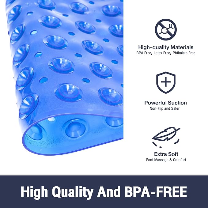 Extra Long Bathtub Mat Non Slip, Clear Navy Blue Soft Bath Mat for Tub 40 x 16 Inch Full Size, Long Shower Mats for Bathroom Floor, Big Suction Cups and Drain Holes, Easy Washable, BPA Free