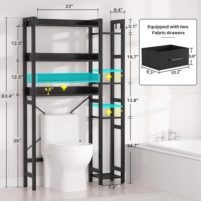 Besiost Over The Toilet Storage, 7 Tier Bathroom Organizer with Reversible Side Shelf and 2 Fabric Drawers, Adjustable Freestanding Rack Space Saver for Small Spaces, Black