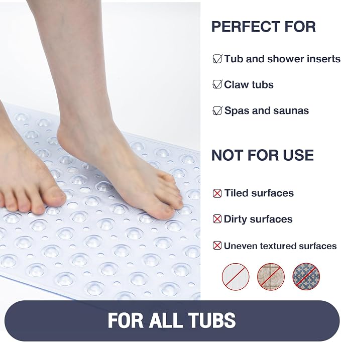 Extra Long Clear Bathtub Mat Non Slip, Soft Bath Mat for Tub 40 x 16 Inch Full Size, Bath Tub Shower Mats for Bathroom Floor with Big Suction Cups and Drain Holes, Easy Washable, BPA Free