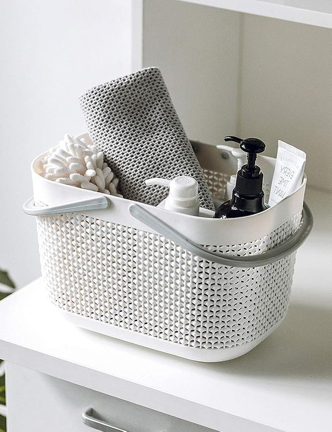 UUJOLY Plastic Storage Baskets with Handle Shower Caddy Organizer Bins for Home Bathroom Kitchen (3 Pack-White)