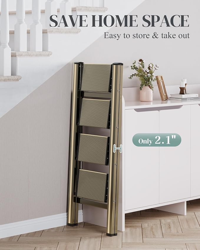 4 Step Ladder, Folding Step Stool with Wider Pedal, Anti-Slip Feet & Non Slip Stripes, Aluminum Sturdy Material, 300Lbs Capacity, Elegant Look of Champagne Gold Better Matches Your Home