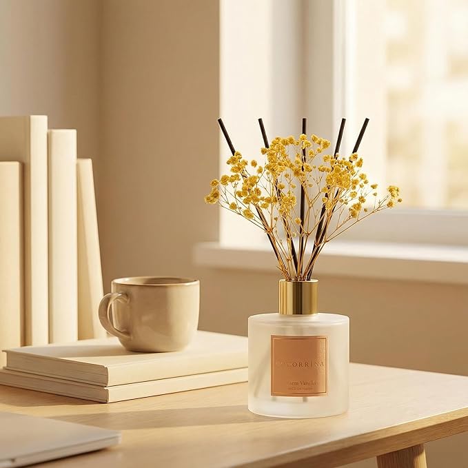 Cocorrína Reed Diffuser - Warm Vanilla Scented Diffuser with 8 Sticks Home Fragrance Reed Diffuser for Bathroom Shelf Decor