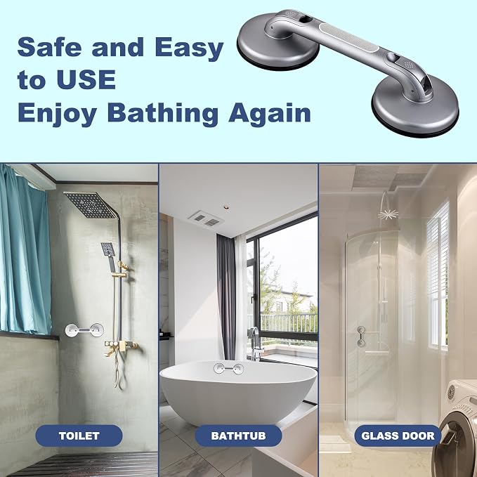 Shower Handle Shower Grab Bars for Bathtubs and Showers,Strong Hold Suction Cup Grip Grab,Bath Handle Heavy Duty Grab Bars for Handicap Elderly Seniors Bathroom（Silver Grey）