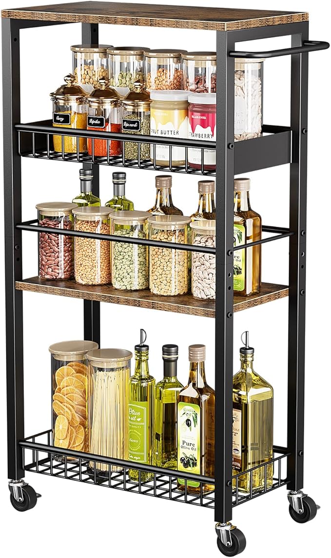 Slim Storage Rolling Cart, 4 Tier Narrow Cart with Wheels, Metal Kitchen Rolling Cart for Small Spaces, Slide Out Storage Shelves for Kitchen, Laundry Room, Bathroom, Living Room, 9.1in(W)