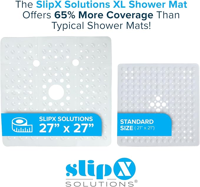 SlipX Solutions 27" Oversize Square Shower Mat, Non-Slip Mat for Elderly & Kids, 100+ Power Grip Suction Cups for Smooth Surfaces, Machine Washable, Clear