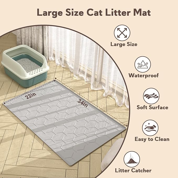 Garoopion Cat Mat for Litter Box, Large 34.05×22.5 inch Cat Litter Mat, Waterproof Silicone Pad for Floor, Gray