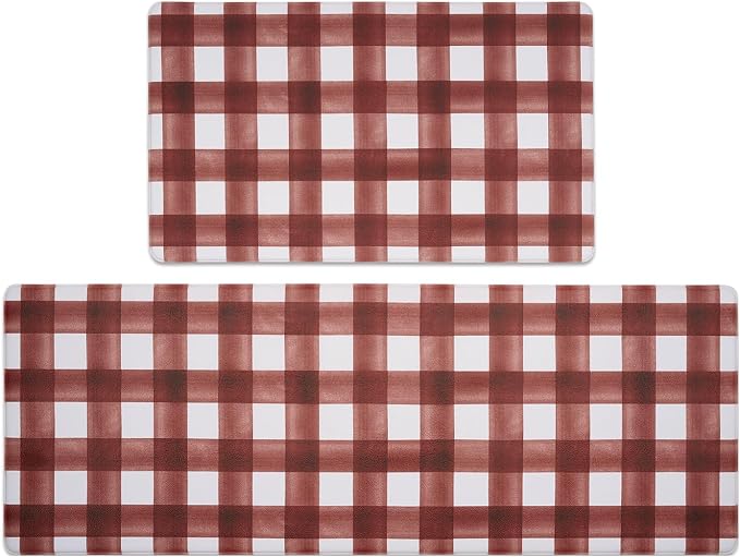 FRESHMINT Modern Farmhouse Plaid 2 Piece Set Kitchen Mats for Floor Anti Fatigue Waterproof & Non-Skid Kitchen Rugs Cushioned Kitchen Mat for Standing Washable Comfort Desk Kitchen Runners