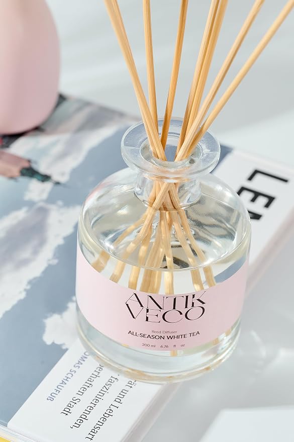 All-Season White Tea Diffuser – Home Fragrance with 8 Rattan Sticks – Long Lasting, Fresh White Tea & Citrus Scent – Non-Toxic, Premium Reed Diffuser for Home or Office – 90 Days