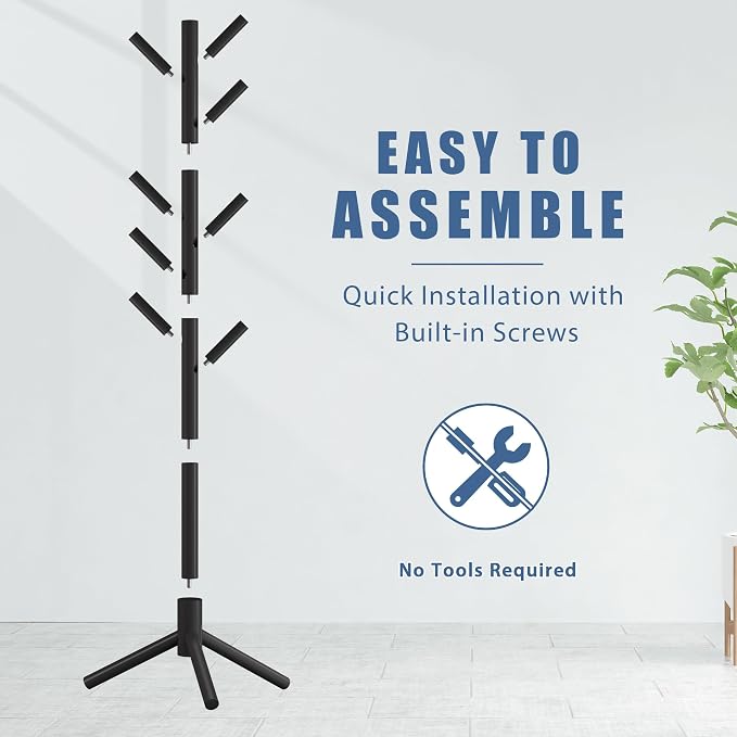Haddockway Wooden Coat Rack Stand with 8 Hooks New Zealand Pine 3 Adjustable Coat Standing Tree Easy Assembly for Coats, Hats, Scarves and Handbags for Entryway, Hallway, Bedroom, Office