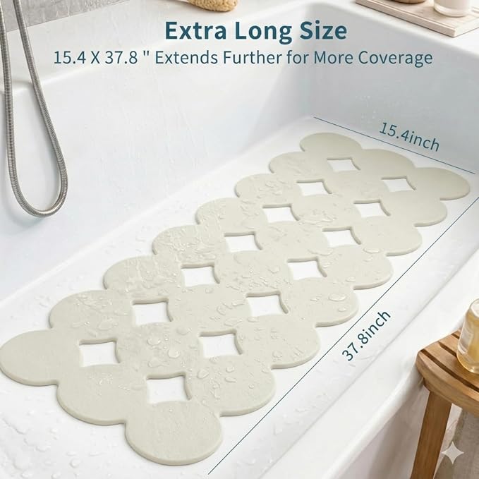 Webos Bathtub Mat Non Slip: Extra Long Rubber Bath Mat for Tub with Strong Suction Cups 15.4" x 37.8" Anti Slip Shower Mat, Big Drain Holes Bathroom Mats for Tub & Shower, Circle-Beige