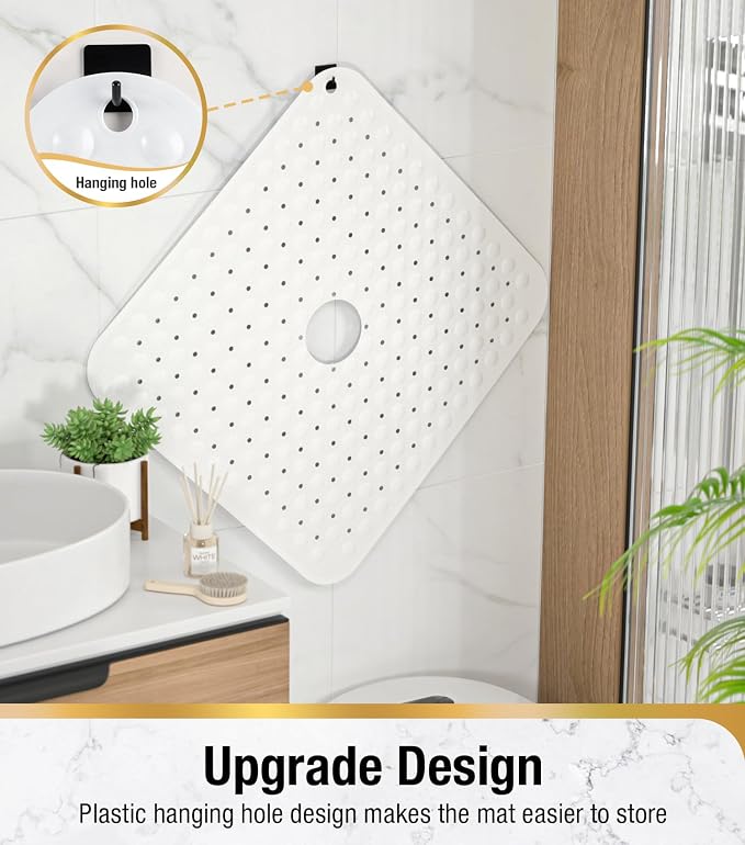 HITSLAM Shower Bathtub Mat Non Slip, 24"x 24" Bath Mat for Tub, Soft PVC Shower Mats for Inside Shower with Suction Cups and Center Drain Hole, Machine Washable Bathroom Floor Mat, White