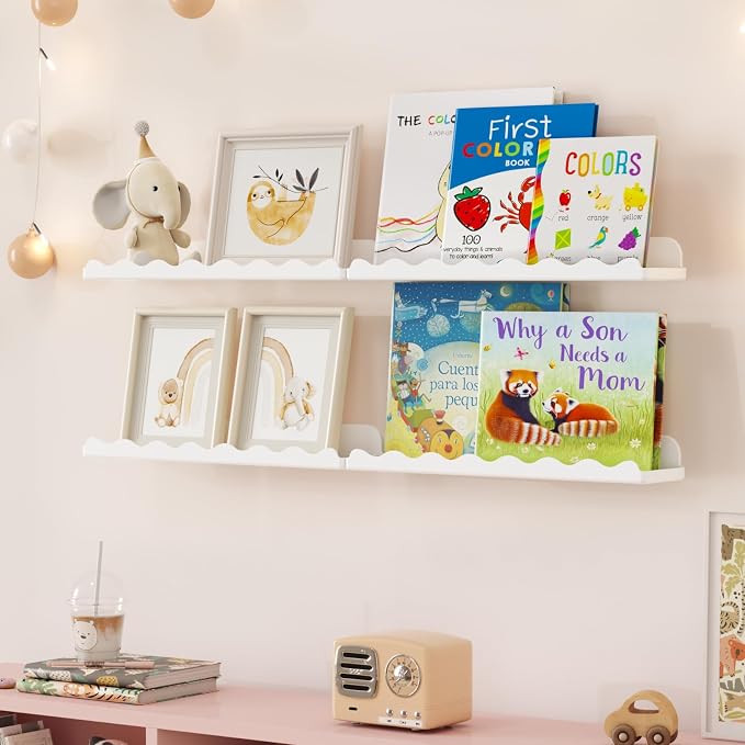 Lifewit Plastic Nursery Floating Book Shelves 12 Pack, 15"x3.4" White Clouds Plastic Wall Shelf for Bedroom Kids, Hanging Bookshelf Racks for Baby Toddler Children Room Decor, White