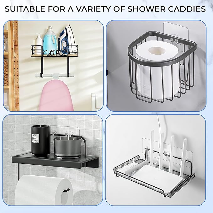 Shower Caddy Adhesive Replacement Hooks, Strong Waterproof Strips, No Drilling for Bathroom Shelves, Kitchen Racks, and Soap Holders (Transparent-14 Pack)