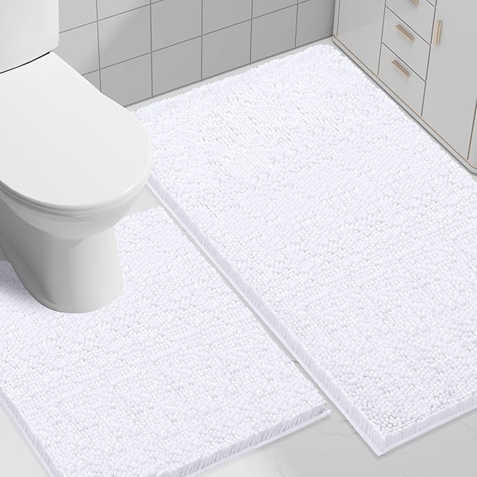 Smiry Bathroom Rugs Set 2 Piece, Soft Absorbent Chenille Bath Mat and U-Shaped Toilet Rug Set, Non Slip Shaggy Bath Carpet for Tub, Shower and Floor (30x20+24x20, White)