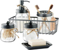SheeChung 6Pcs Mason Jars Bathroom Accessories Set - Toothbrush Holder, Soap Dispenser, Qtip Holders, Soap Dish, Wire Paper Storage, Farmhouse Bathroom Decor (Vintage Grey, 6Pcs Bathroom Set)