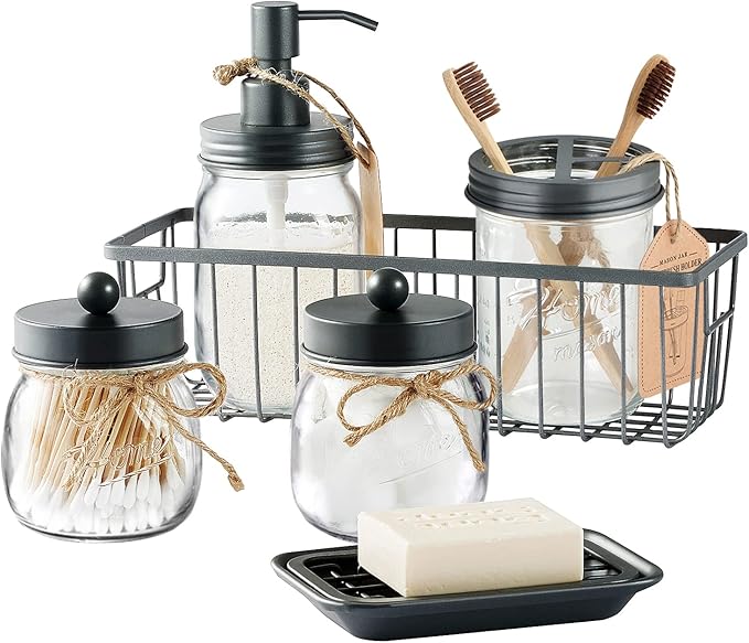 SheeChung 6Pcs Mason Jars Bathroom Accessories Set - Toothbrush Holder, Soap Dispenser, Qtip Holders, Soap Dish, Wire Paper Storage, Farmhouse Bathroom Decor (Vintage Grey, 6Pcs Bathroom Set)