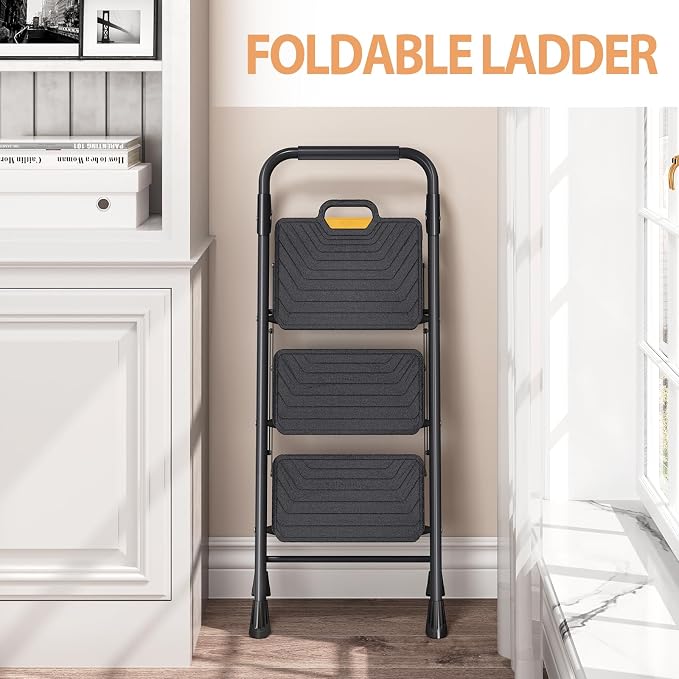 TOOLF 3 Step Ladder, Sturdy Steel Step Stool with Anti-Slip Wide Pedals, Handrail, Safe-Lock Design, Folding Portable Ladder for Multi-Purpose, Home, Kitchen, Pass 800lbs Load Testing, Black