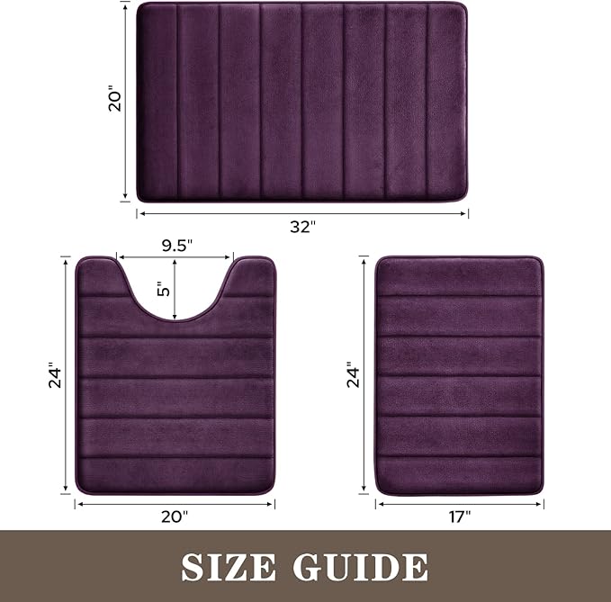BYSURE Purple Memory Foam Bathroom Rug Set 3 Piece, Non Slip Extra Soft Absorbent Machine Washable Toilet Bath Toilet Mat (17"x24"+20"x32"+U Shape 20"x24")